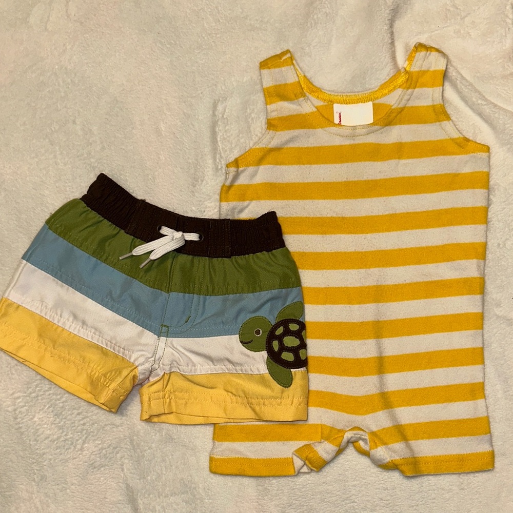 HANNA ANDERSSON YELLOW STRIPED TANKER ROMPEE & GYMBOREE TURTLE SWIM TRUNKS 0-3